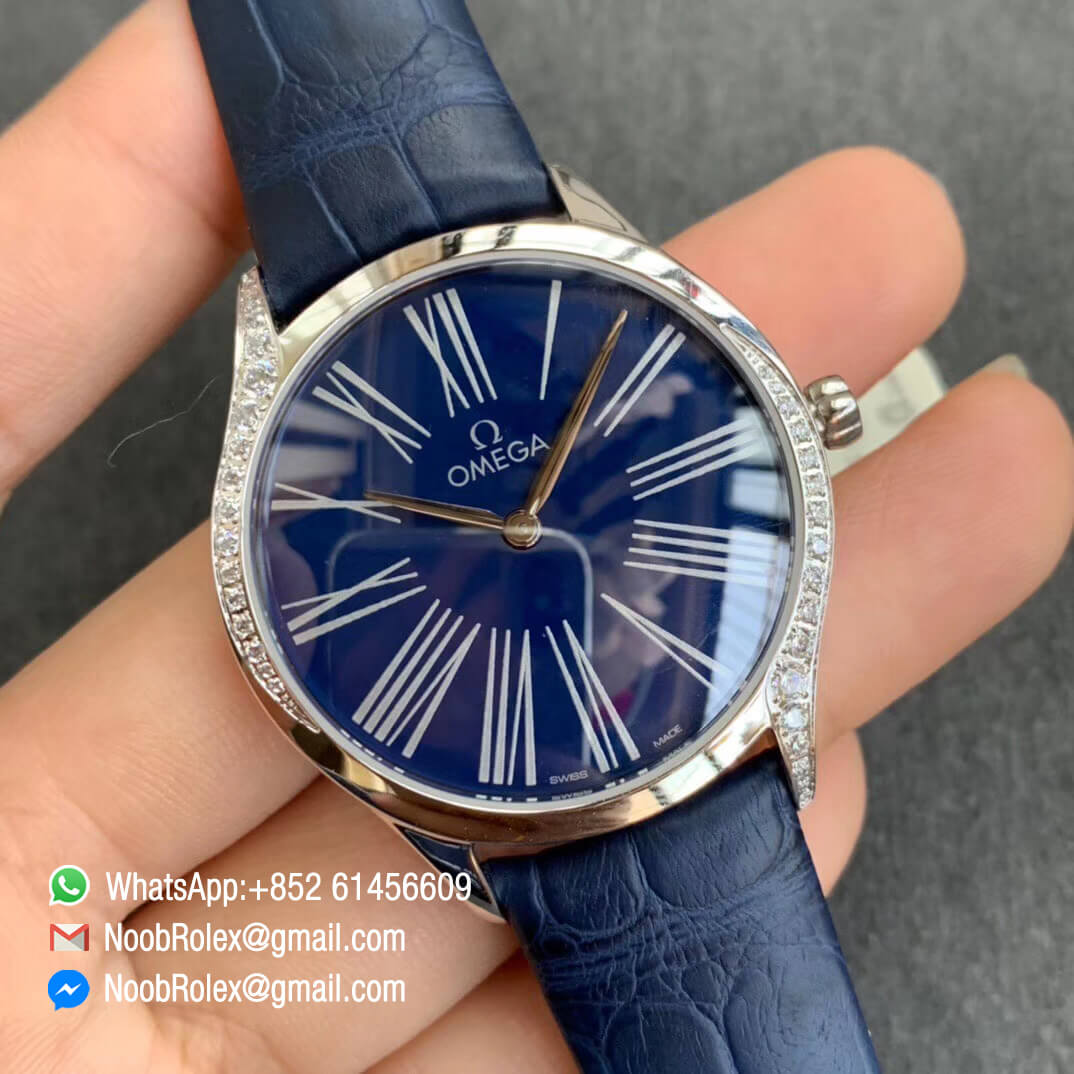 Best Clone Omega De Vile Tresor Ladies Watch 36mm Steel Case with Diamonds Blue Dial Swiss Quartz Movement Blue Croco Strap 02