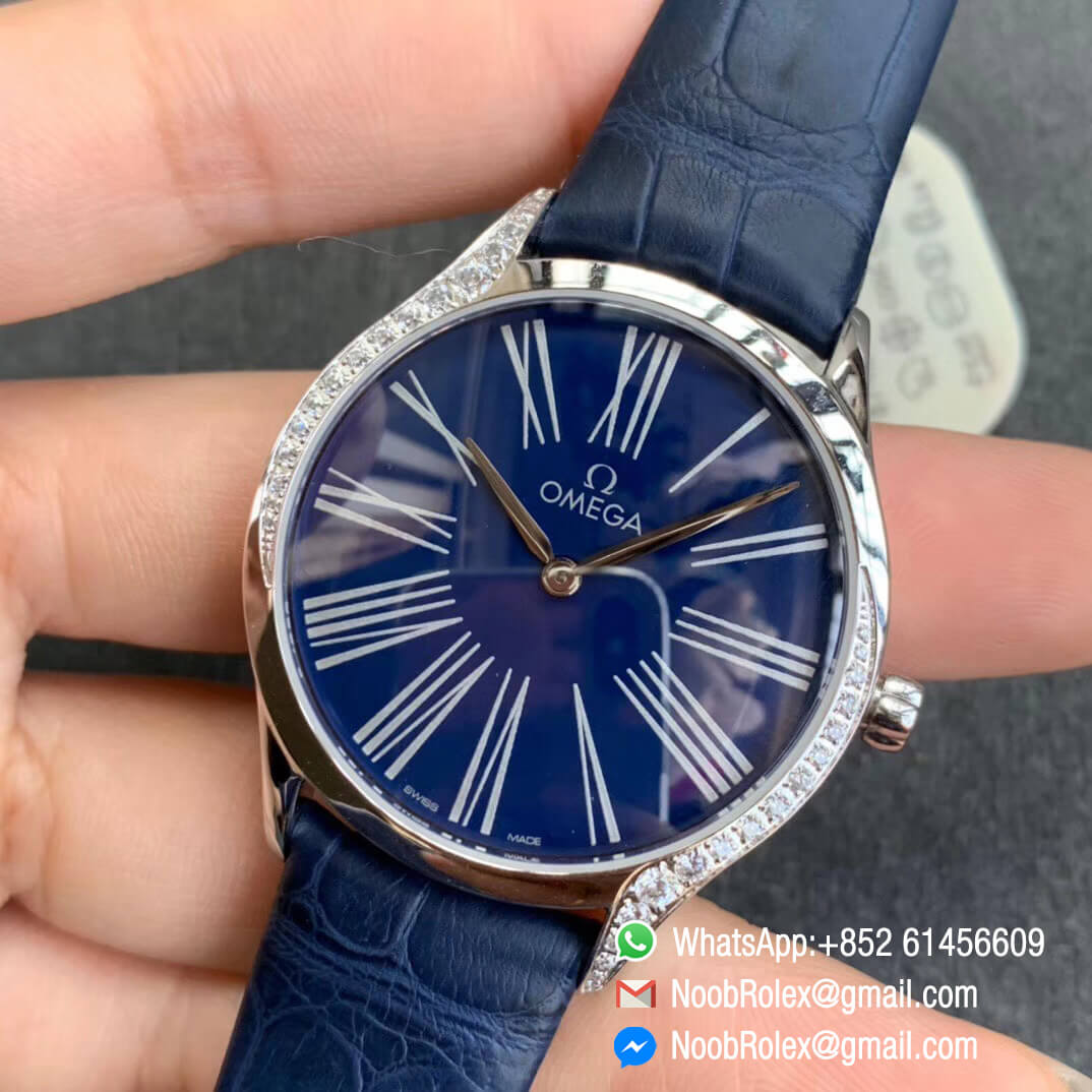 Best Clone Omega De Vile Tresor Ladies Watch 36mm Steel Case with Diamonds Blue Dial Swiss Quartz Movement Blue Croco Strap 03