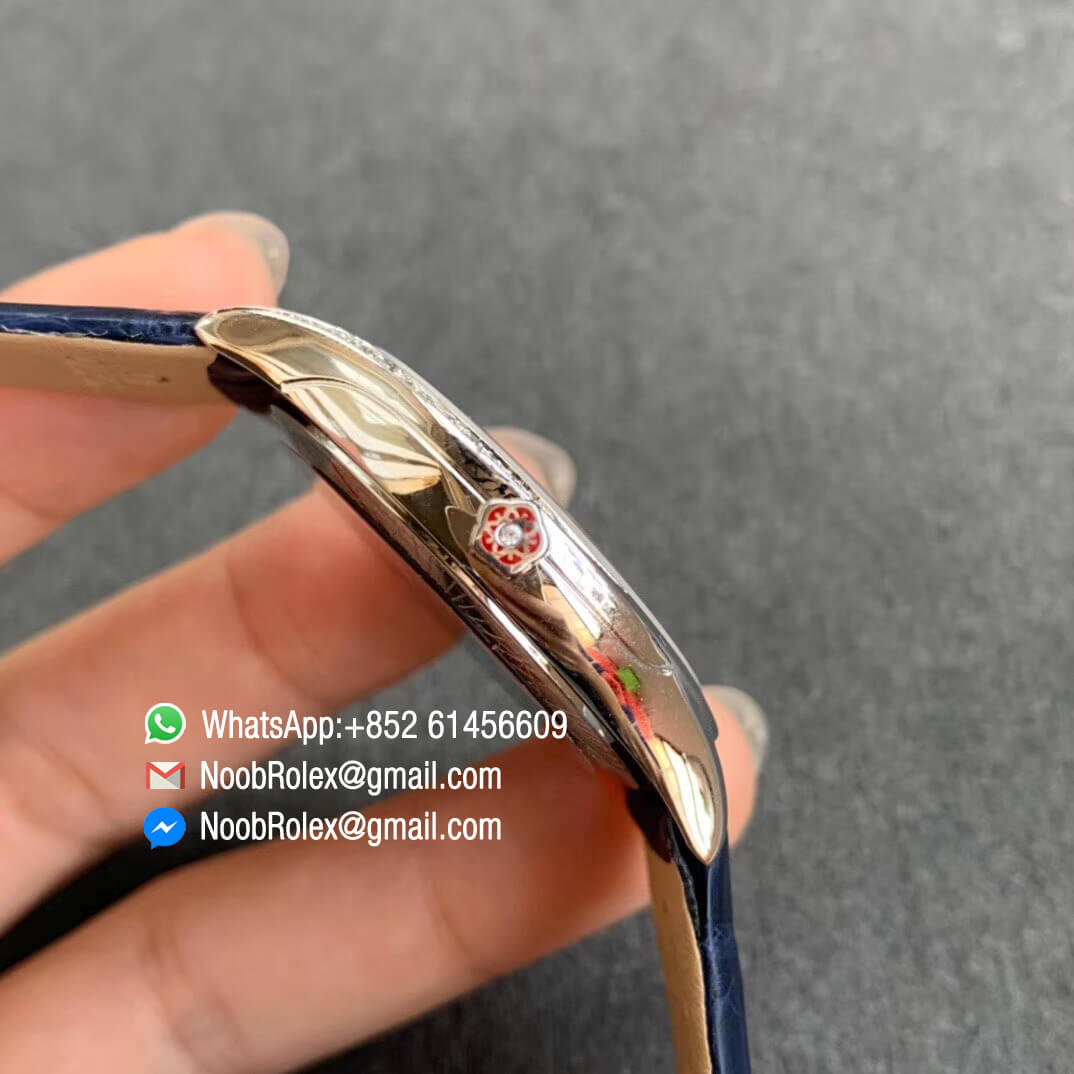 Best Clone Omega De Vile Tresor Ladies Watch 36mm Steel Case with Diamonds Blue Dial Swiss Quartz Movement Blue Croco Strap 04