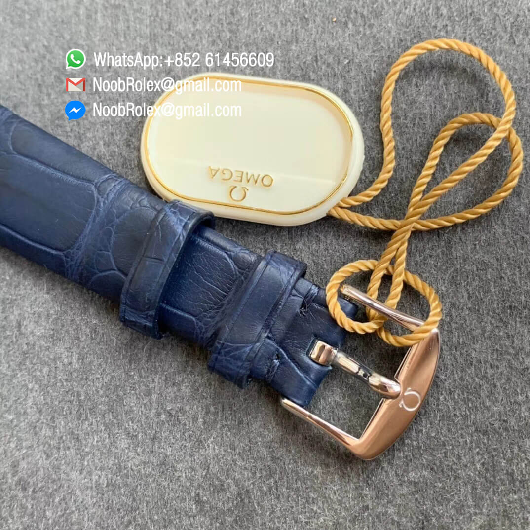 Best Clone Omega De Vile Tresor Ladies Watch 36mm Steel Case with Diamonds Blue Dial Swiss Quartz Movement Blue Croco Strap 06