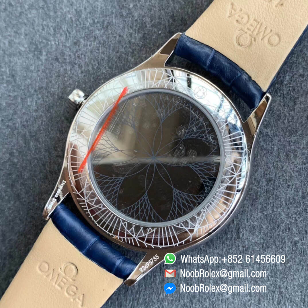 Best Clone Omega De Vile Tresor Ladies Watch 36mm Steel Case with Diamonds Blue Dial Swiss Quartz Movement Blue Croco Strap 08