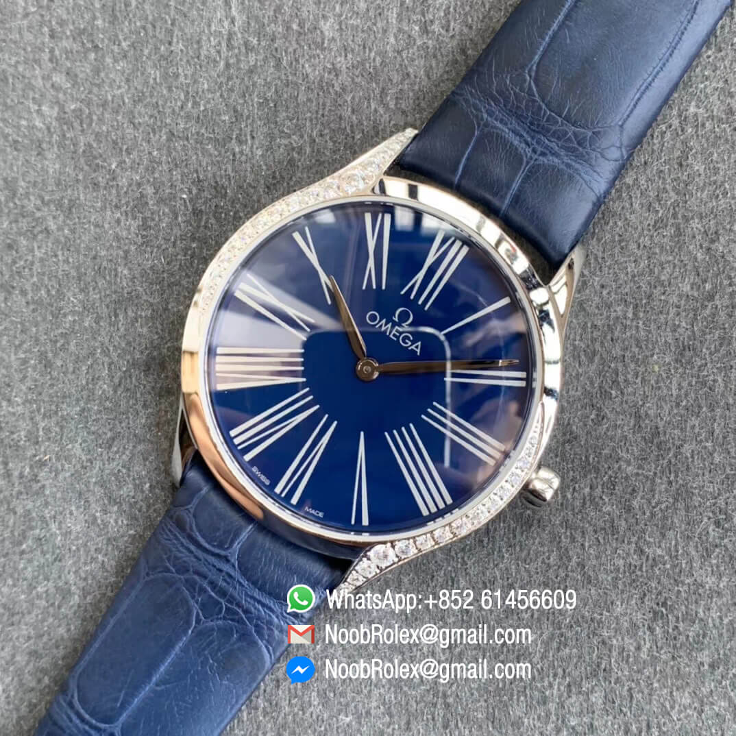 Best Clone Omega De Vile Tresor Ladies Watch 36mm Steel Case with Diamonds Blue Dial Swiss Quartz Movement Blue Croco Strap 09