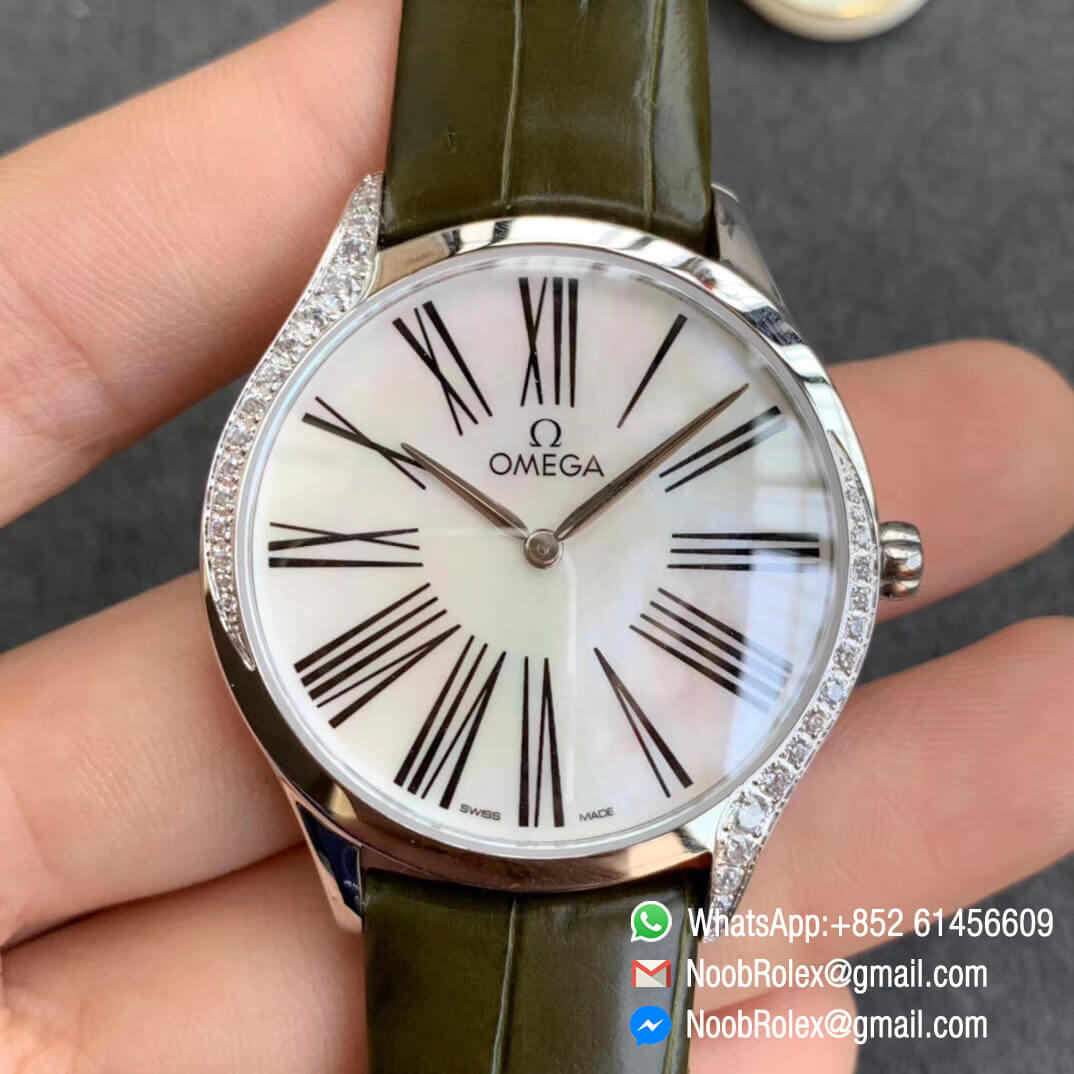 De Vile Tresor Ladies Watch 36mm Stainless Steel Case with Diamonds Mother of Pearl Dial Swiss Quartz Movement Green Strap 01