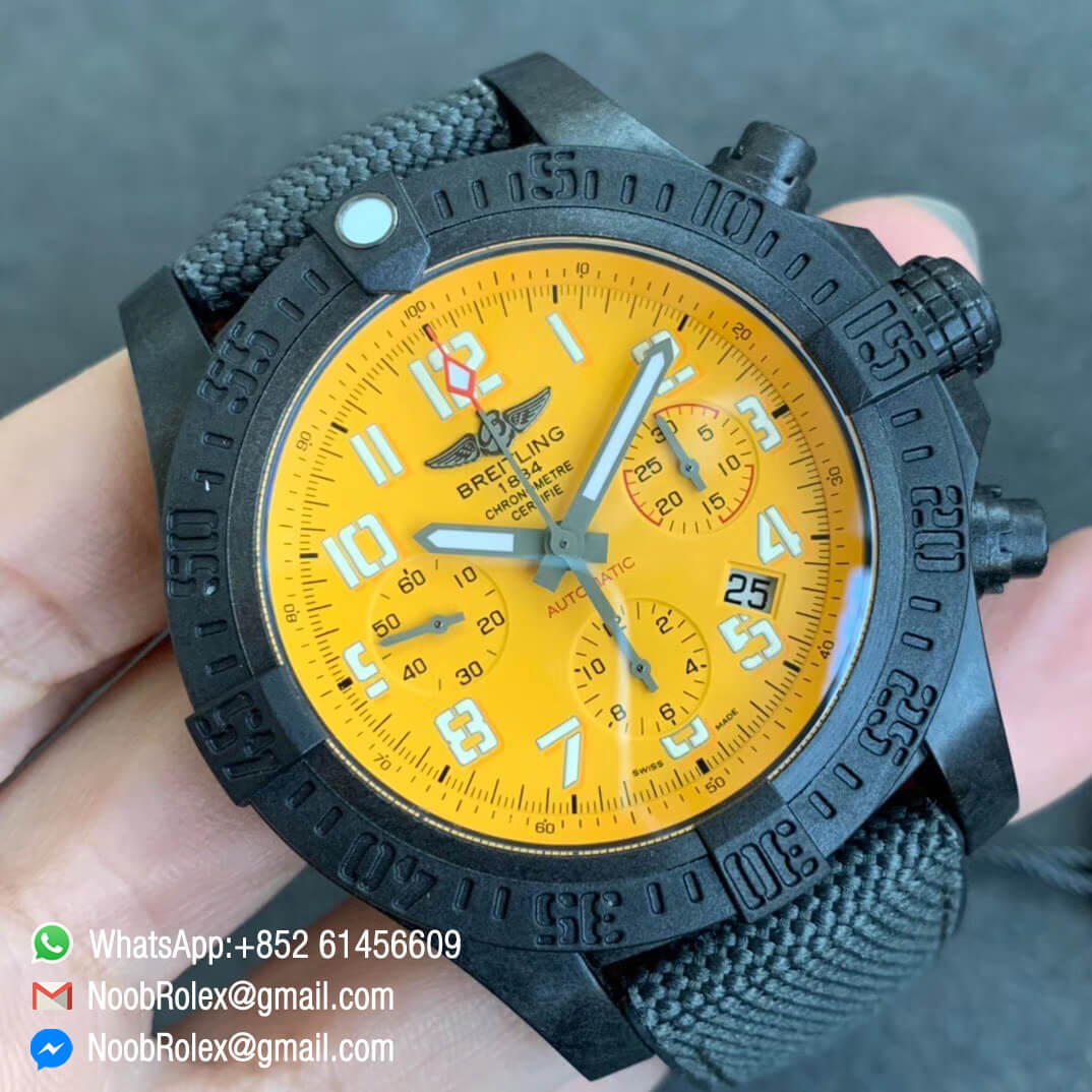 GF Super Replica Breitling Avenger Hurricane 45mm Carbon Fiber Case Chrono Watch Yellow Dial on Black Nylon Strap A7750 02