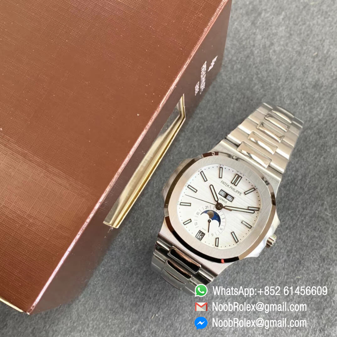 GRF Top Quality Patek Nautilus 5726 Complicated 24 Hours Moonphase Steel Case Bracelet White Textured Dial A324 Caliber 09