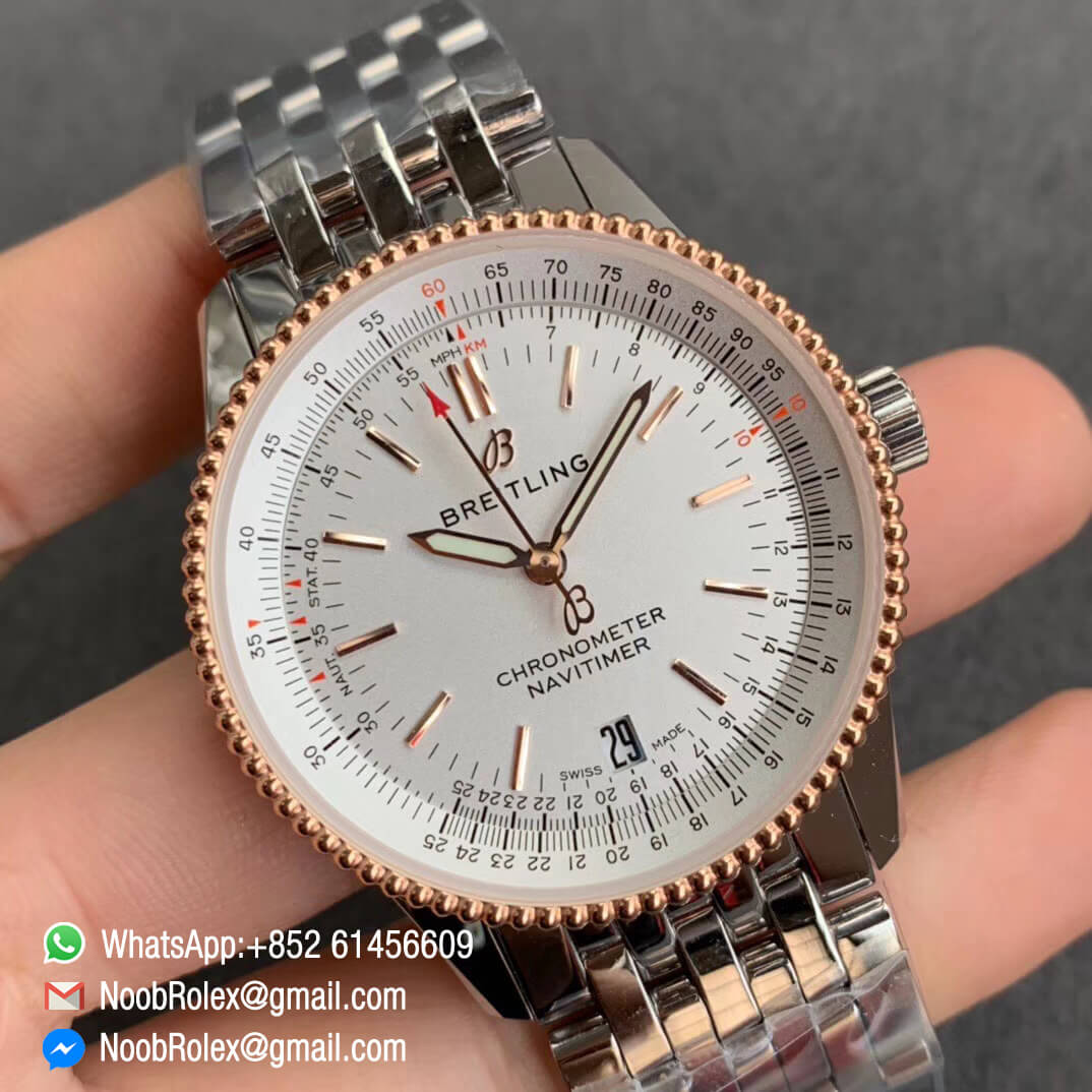 KOR Factory Breitling Navitimer 1 38mm Steel Case White Dial White Rose Gold Inner Bezel on Steel Bracelet SW200 02