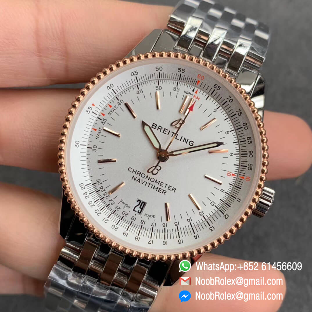 KOR Factory Breitling Navitimer 1 38mm Steel Case White Dial White Rose Gold Inner Bezel on Steel Bracelet SW200 03