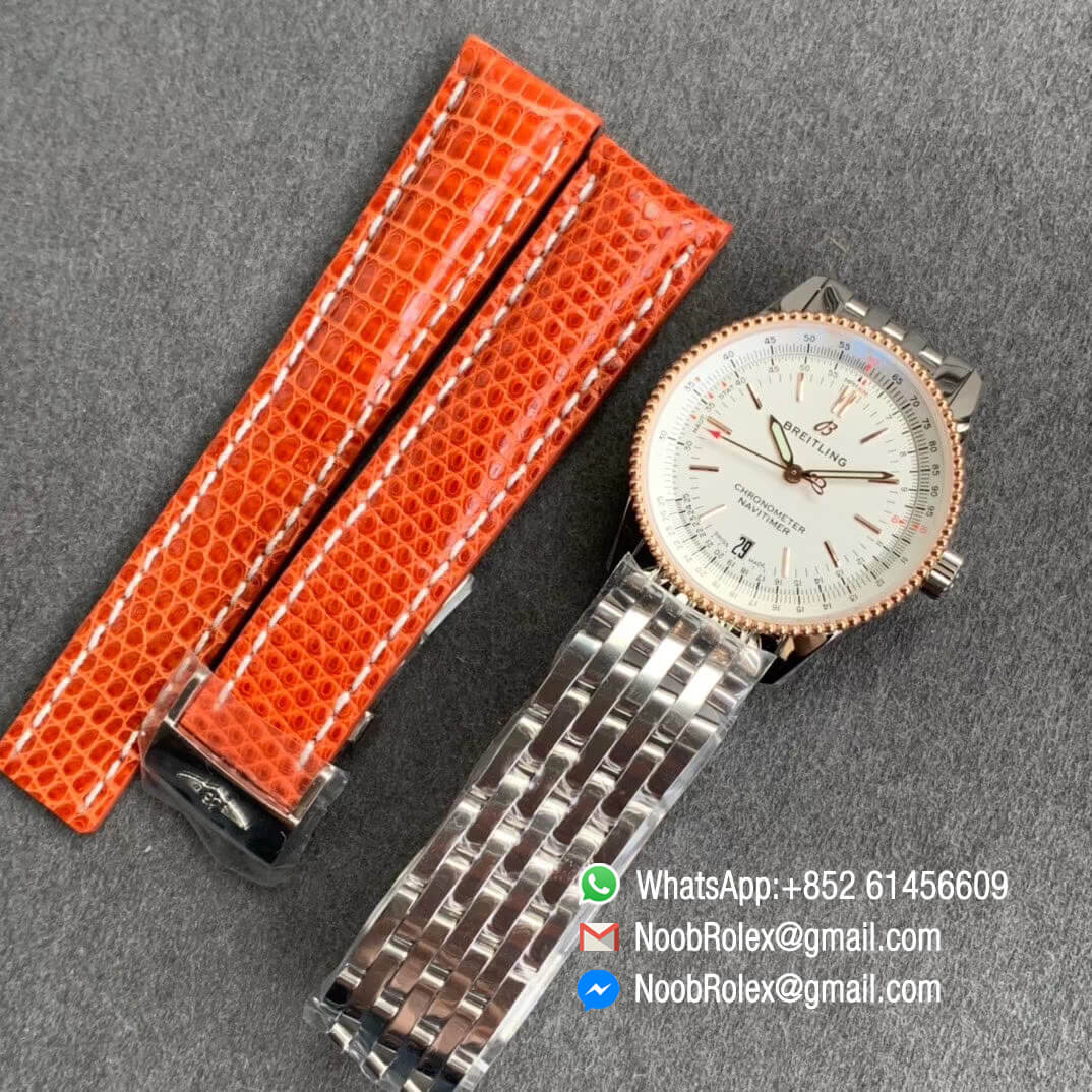 KOR Factory Breitling Navitimer 1 38mm Steel Case White Dial White Rose Gold Inner Bezel on Steel Bracelet SW200 09