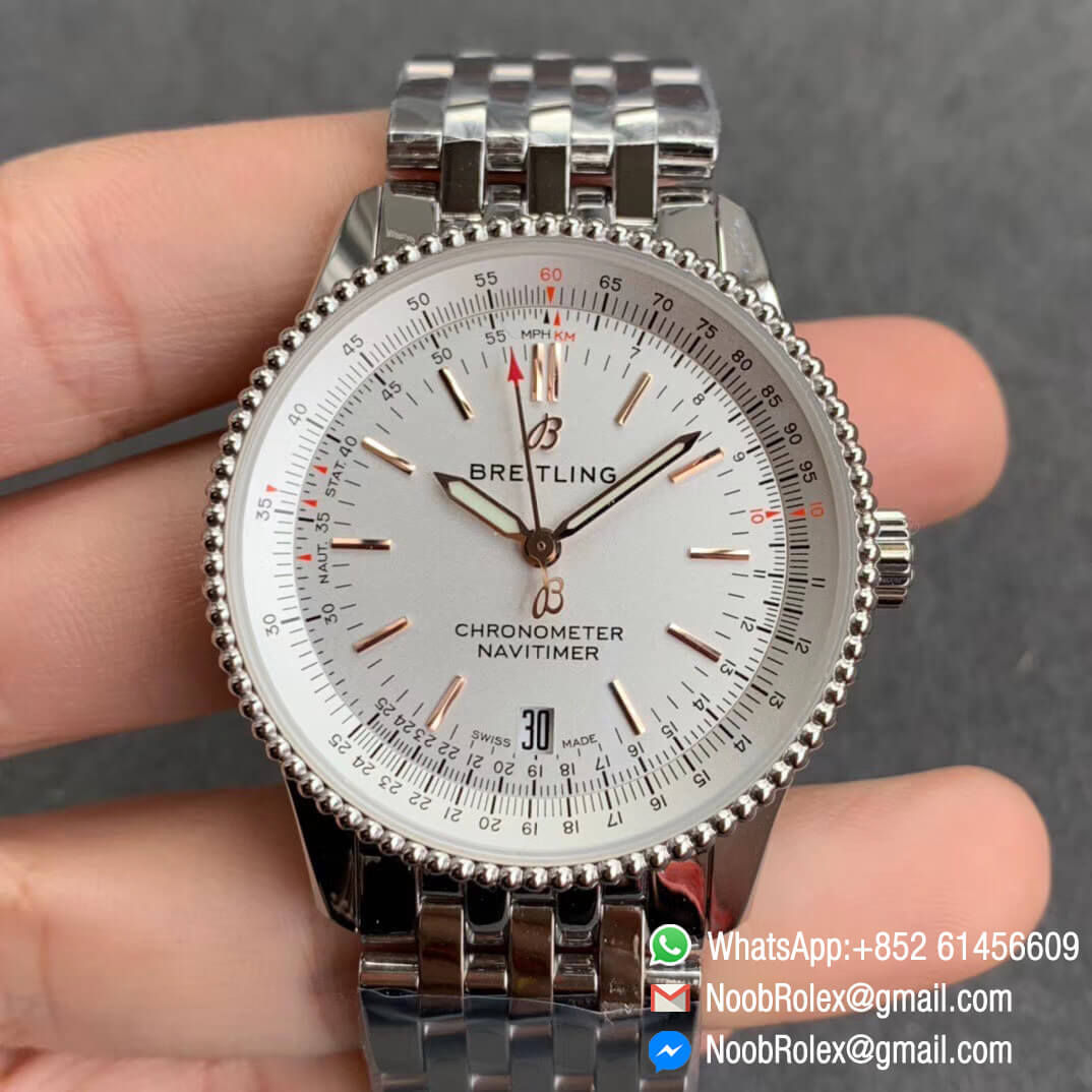 KOR Factory Breitling Navitimer 1 38mm Steel Case White Dial White Silver Inner Bezel on Steel Bracelet SW200 Movement 01