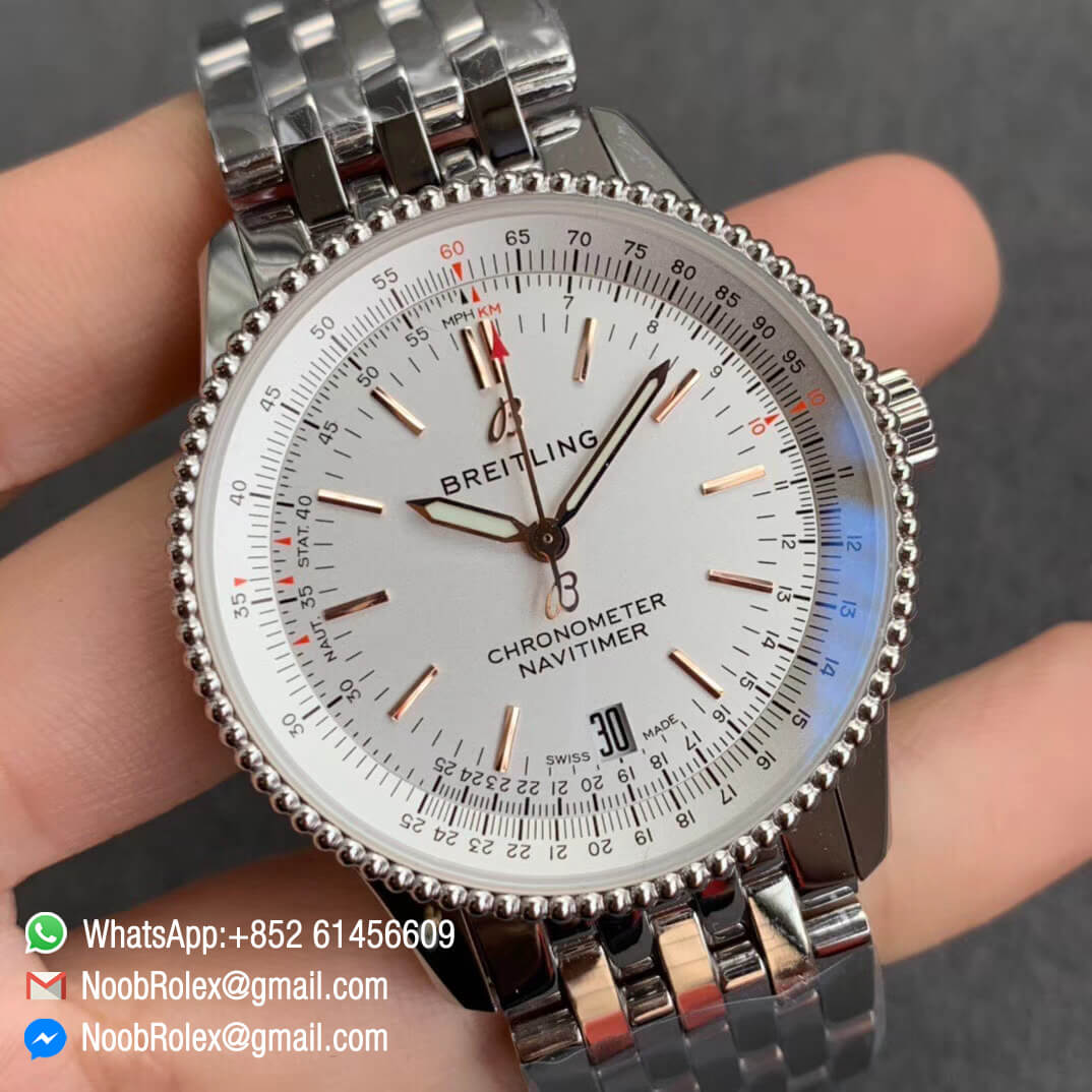KOR Factory Breitling Navitimer 1 38mm Steel Case White Dial White Silver Inner Bezel on Steel Bracelet SW200 Movement 02