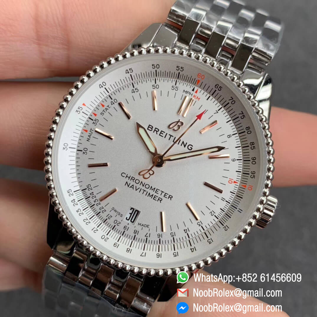 KOR Factory Breitling Navitimer 1 38mm Steel Case White Dial White Silver Inner Bezel on Steel Bracelet SW200 Movement 03