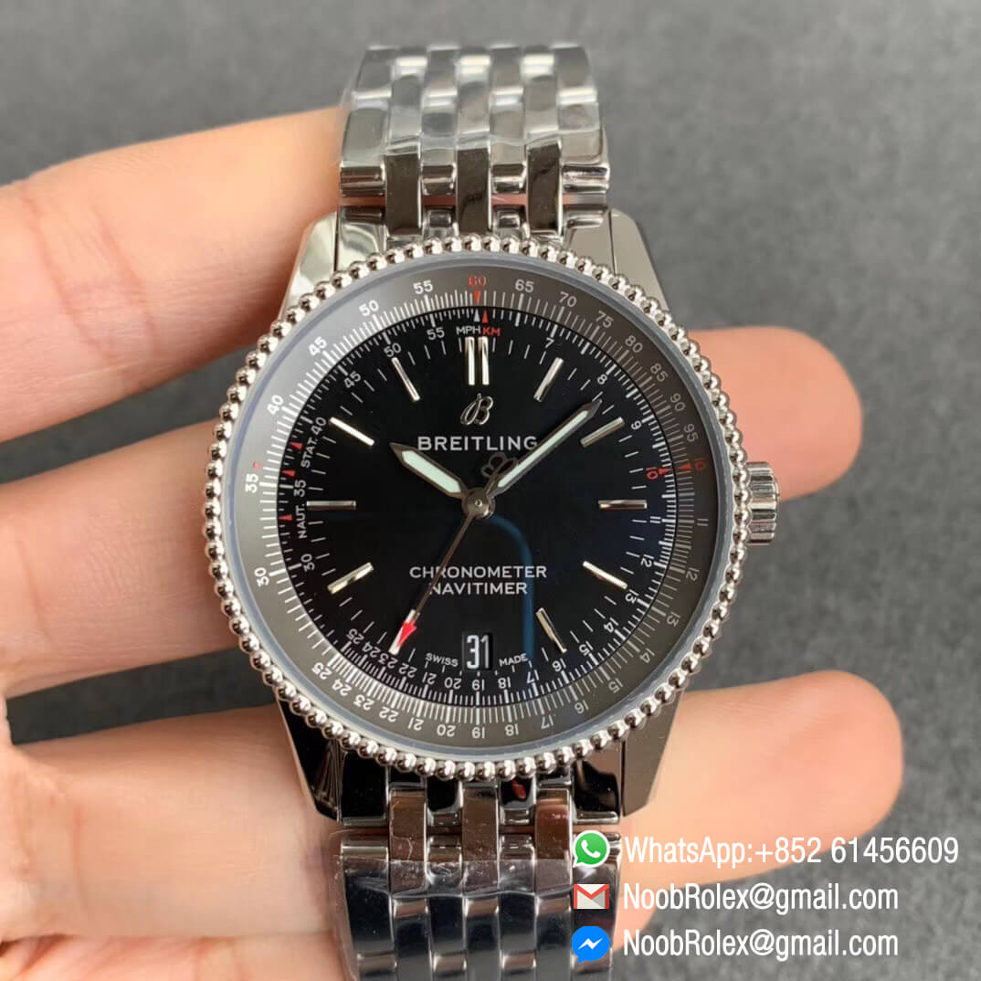 KORF Breitling Navitimer 1 38mm Steel Case Black Dial Bi directional Rotating Grey Bezel on Steel Bracelet SW200 Movement 01