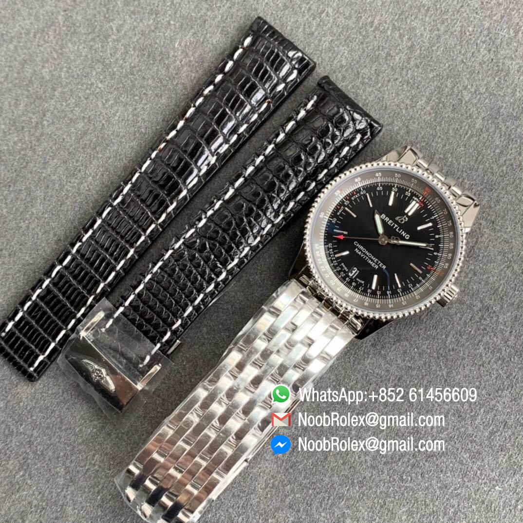 KORF Breitling Navitimer 1 38mm Steel Case Black Dial Bi directional Rotating Grey Bezel on Steel Bracelet SW200 Movement 09