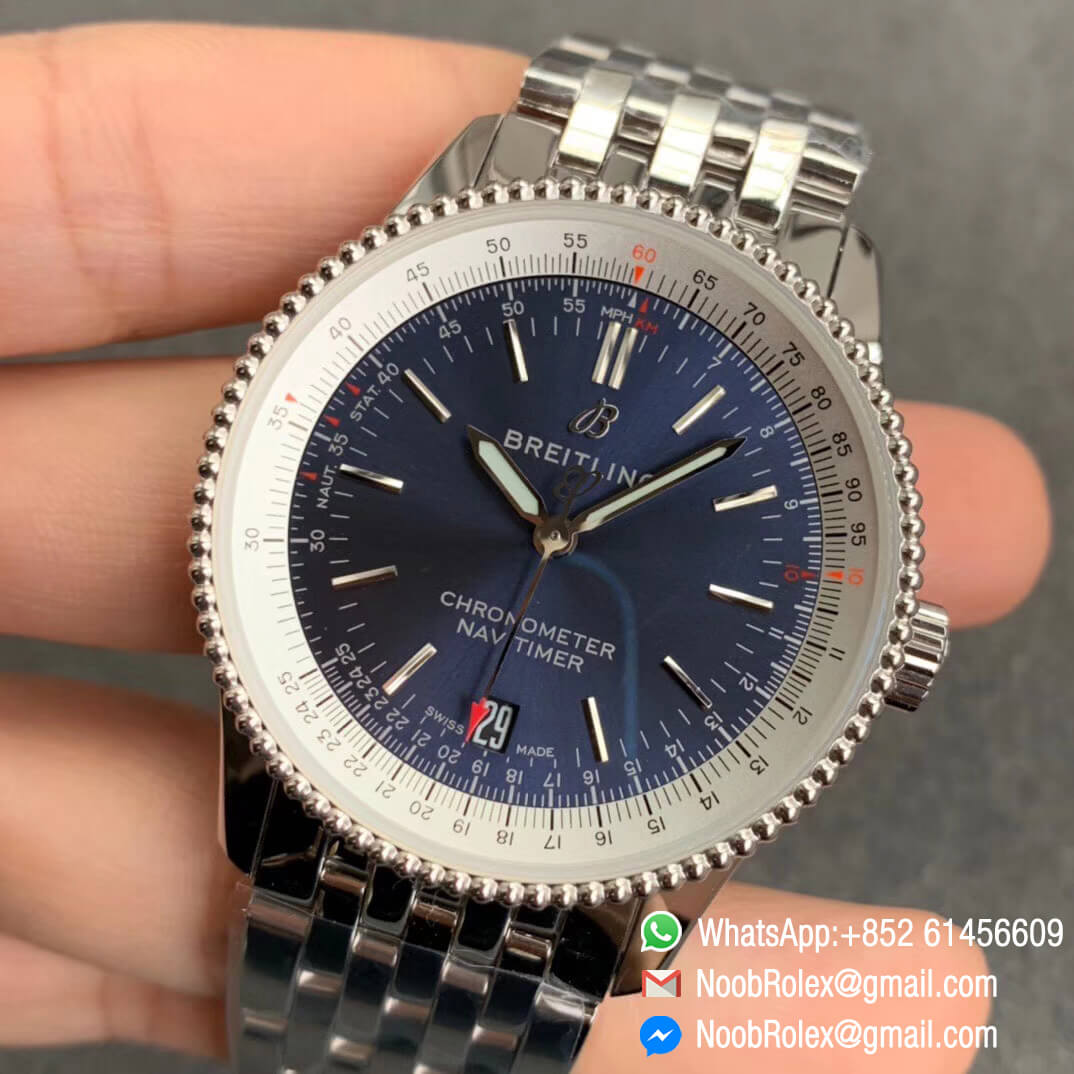 KORF Breitling Navitimer 1 38mm Steel Case Blue Dial Bi directional Rotating Bezel on Steel Bracelet SW200 Movement 03