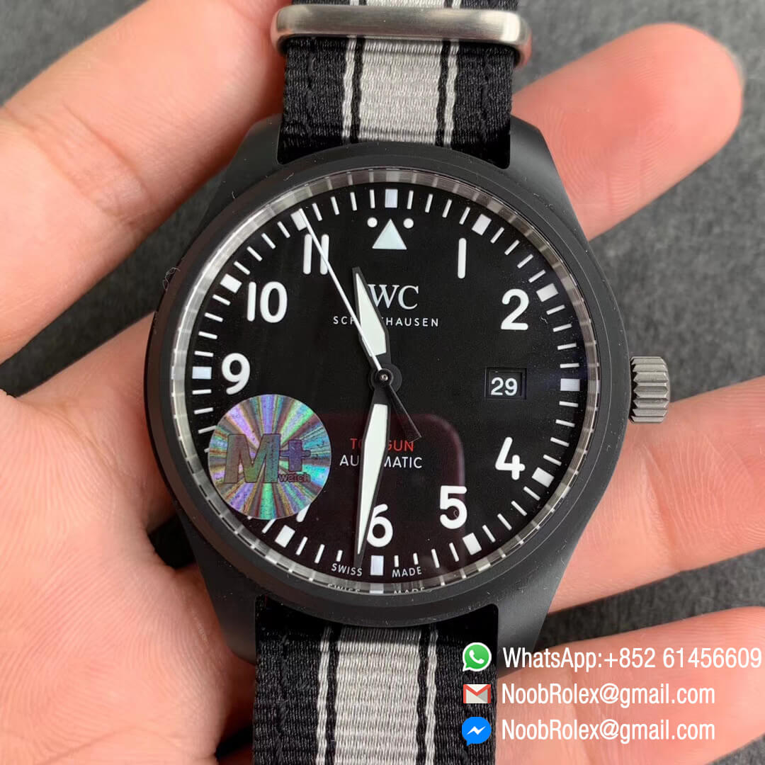 MF Best Clone Watch IWC Top Gun IW326901 Ceramic Case Black Dial on Black White Nylon Strap A2892 01
