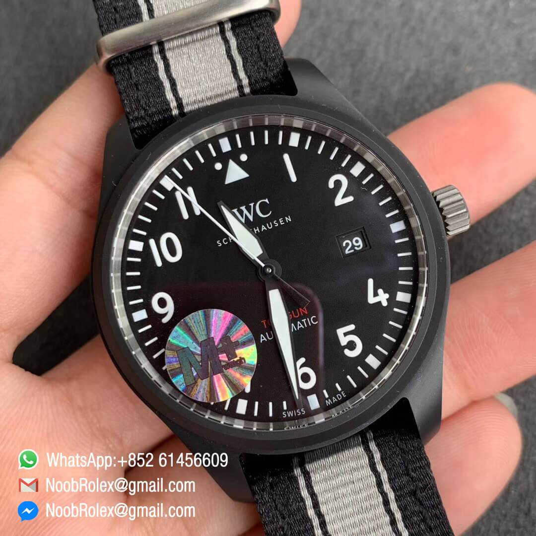 MF Best Clone Watch IWC Top Gun IW326901 Ceramic Case Black Dial on Black White Nylon Strap A2892 02