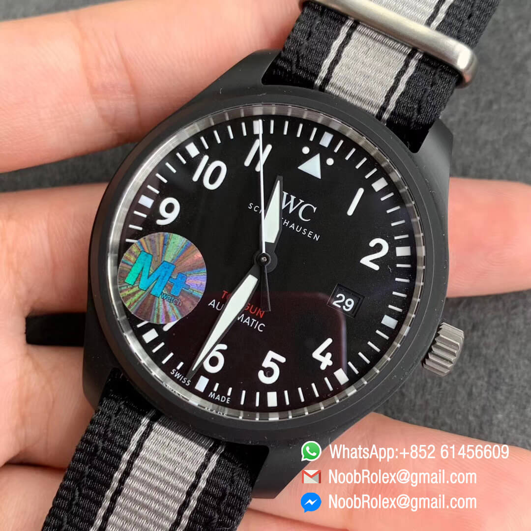 MF Best Clone Watch IWC Top Gun IW326901 Ceramic Case Black Dial on Black White Nylon Strap A2892 03