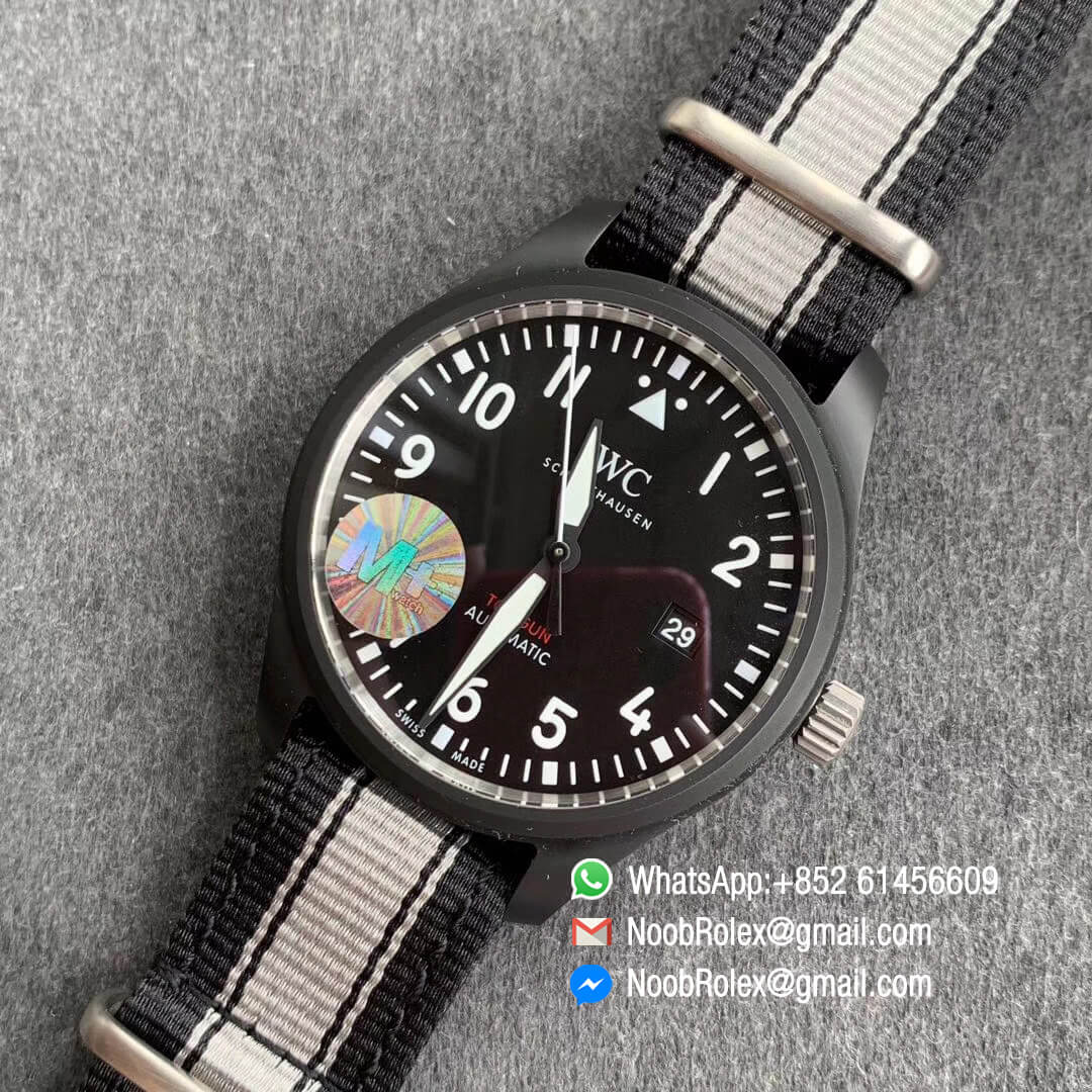 MF Best Clone Watch IWC Top Gun IW326901 Ceramic Case Black Dial on Black White Nylon Strap A2892 09