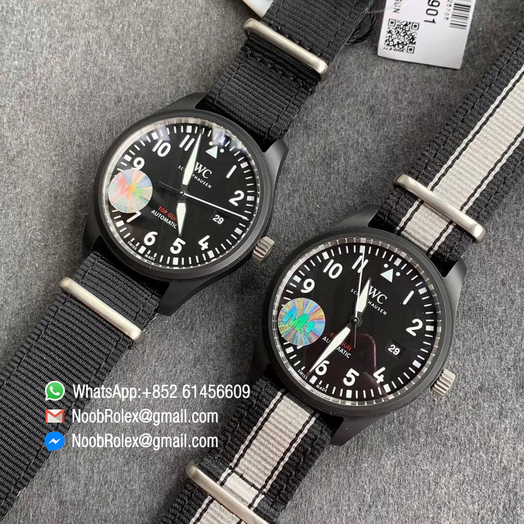 MF Best Clone Watch IWC Top Gun IW326901 Ceramic Case Black Dial on Black White Nylon Strap A2892 10