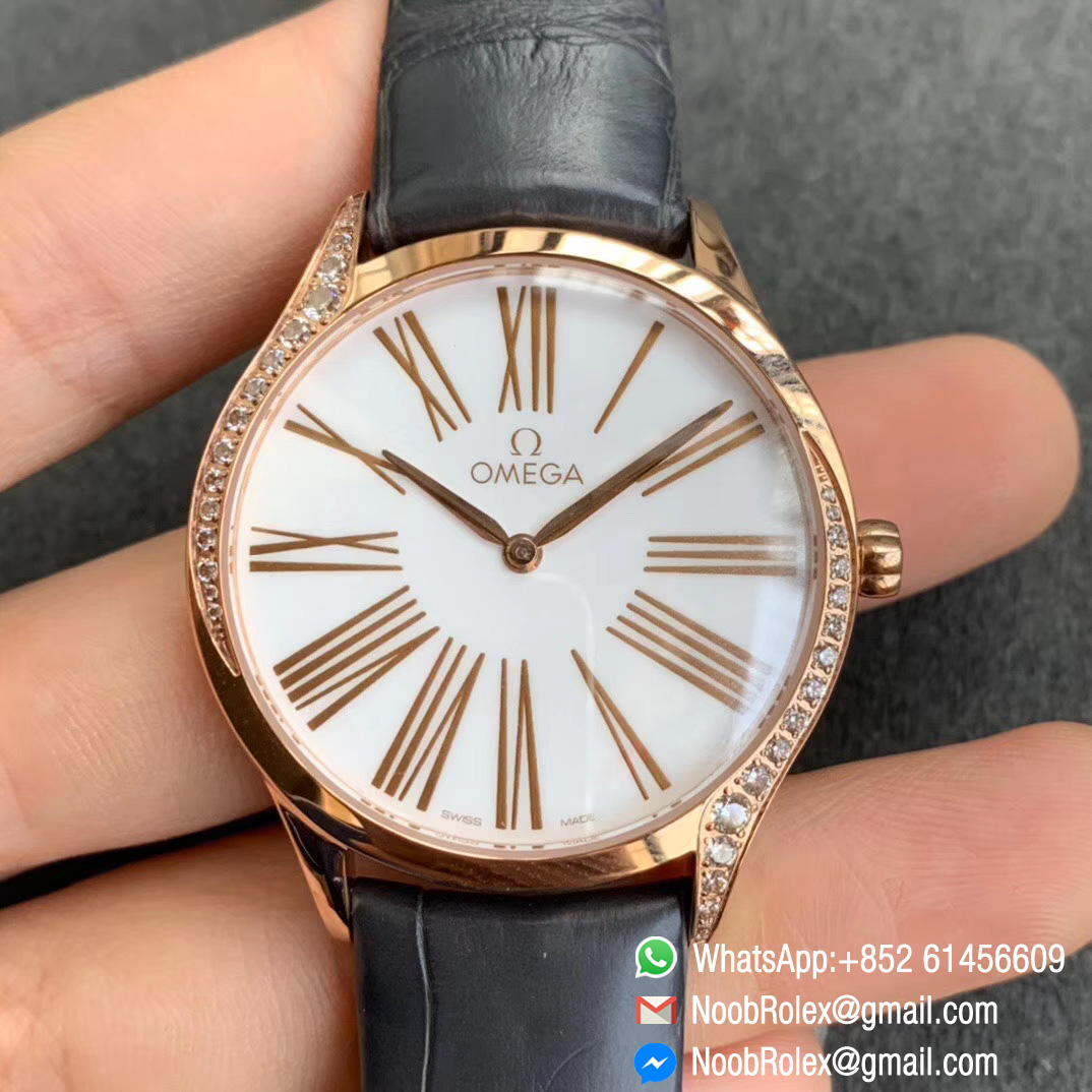 Omega De Vile Tresor Ladies Watch 36mm Rose Gold Case with Diamonds White Dial Swiss Quartz Movement Black Croco Strap 01