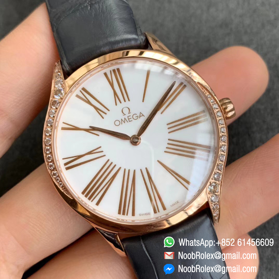 Omega De Vile Tresor Ladies Watch 36mm Rose Gold Case with Diamonds White Dial Swiss Quartz Movement Black Croco Strap 02
