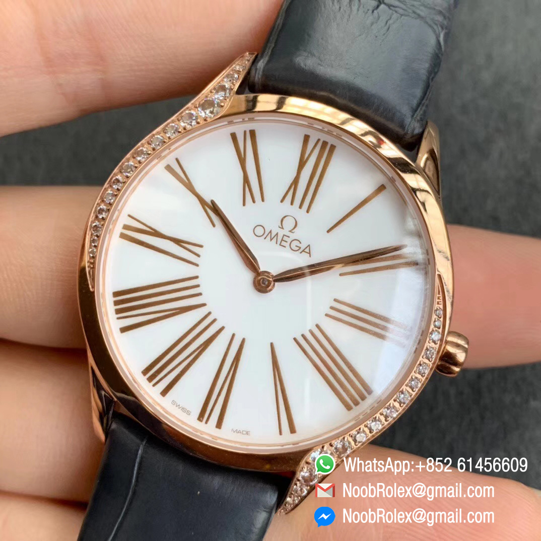 Omega De Vile Tresor Ladies Watch 36mm Rose Gold Case with Diamonds White Dial Swiss Quartz Movement Black Croco Strap 03