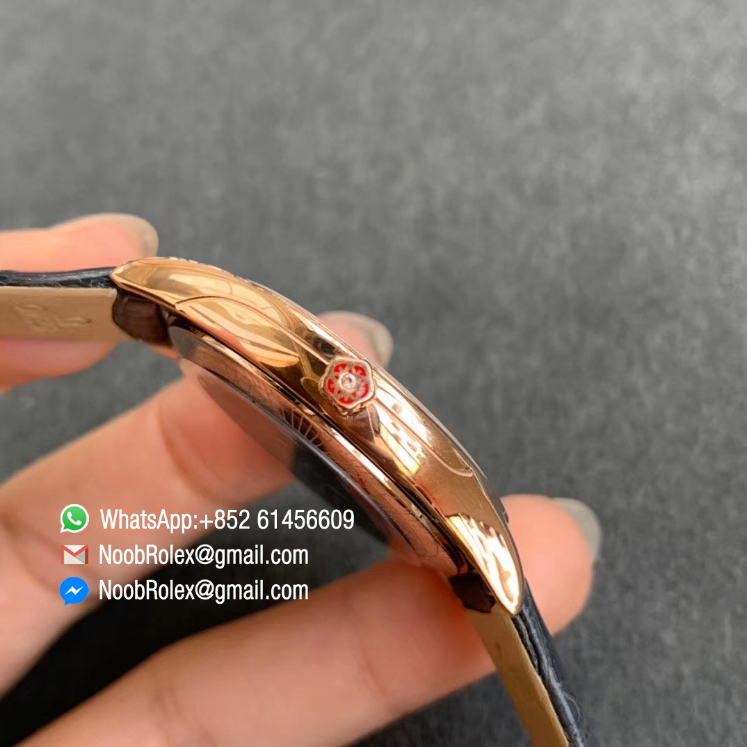 Omega De Vile Tresor Ladies Watch 36mm Rose Gold Case with Diamonds White Dial Swiss Quartz Movement Black Croco Strap 04