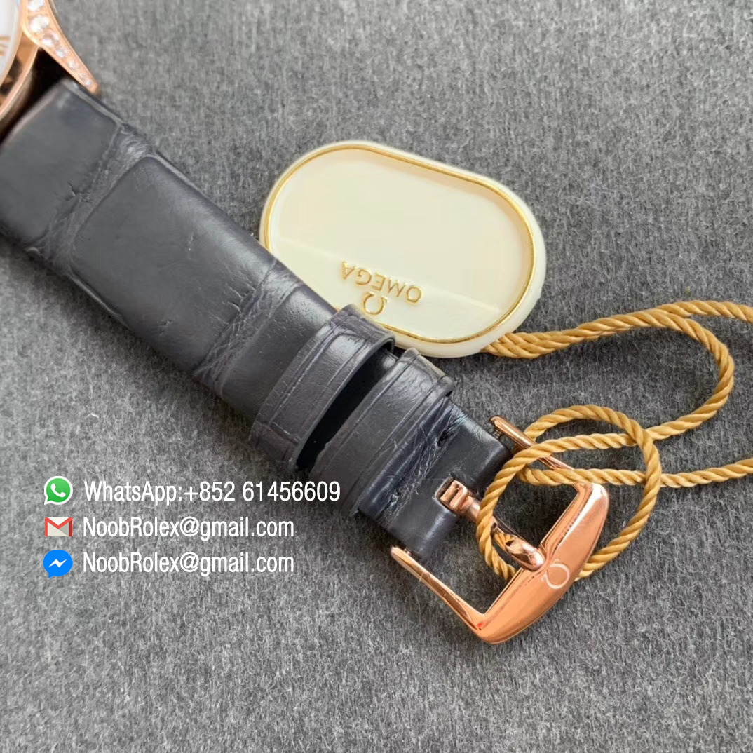 Omega De Vile Tresor Ladies Watch 36mm Rose Gold Case with Diamonds White Dial Swiss Quartz Movement Black Croco Strap 06