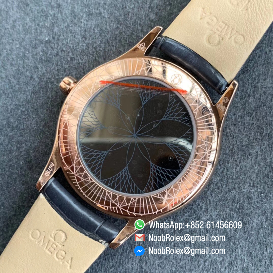 Omega De Vile Tresor Ladies Watch 36mm Rose Gold Case with Diamonds White Dial Swiss Quartz Movement Black Croco Strap 08