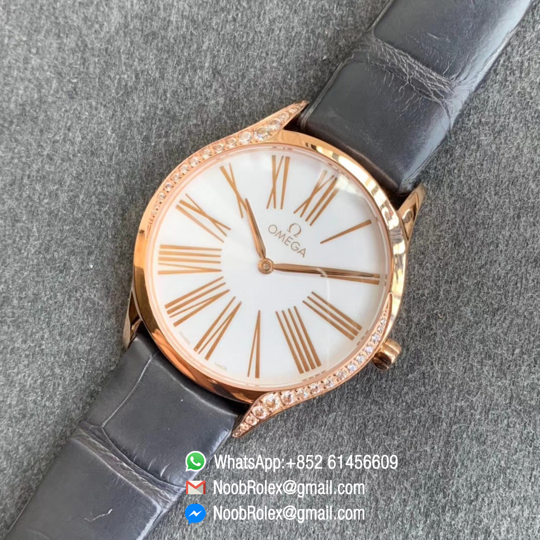 Omega De Vile Tresor Ladies Watch 36mm Rose Gold Case with Diamonds White Dial Swiss Quartz Movement Black Croco Strap 09