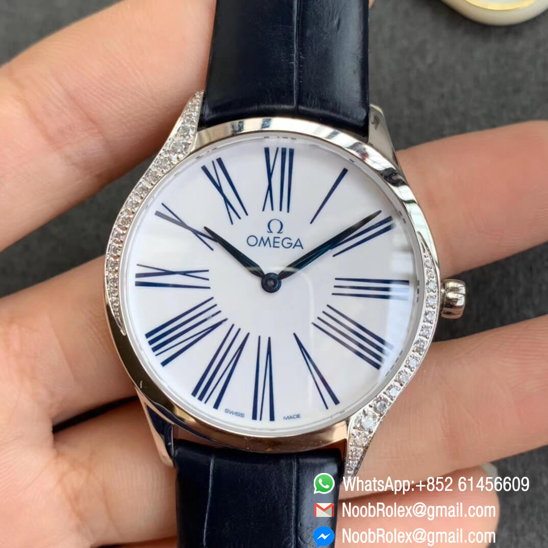 Omega De Vile Tresor Ladies Watch 36mm Stainless Steel Case with Diamonds White Dial Blue Hour Markers Swiss Quartz Movement Blue Croco Strap 01