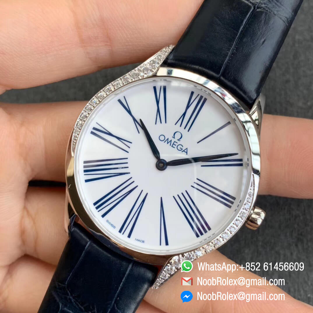 Omega De Vile Tresor Ladies Watch 36mm Stainless Steel Case with Diamonds White Dial Blue Hour Markers Swiss Quartz Movement Blue Croco Strap 03