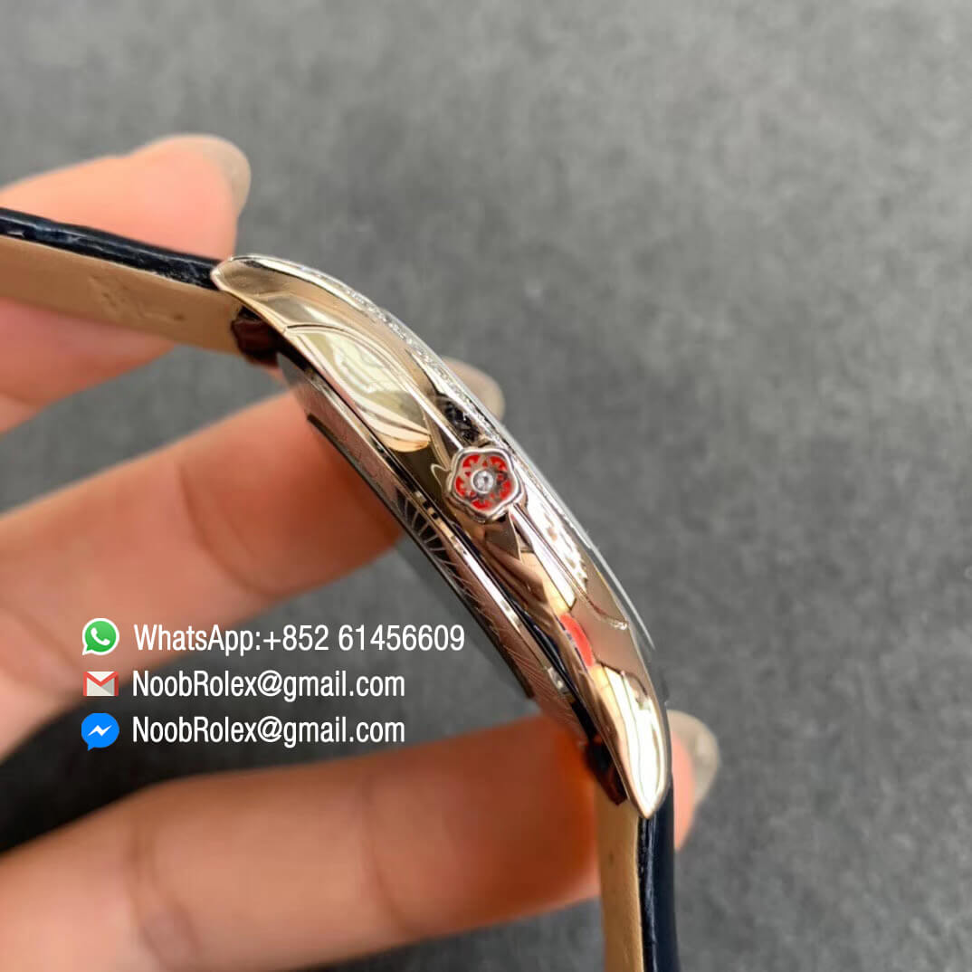 Omega De Vile Tresor Ladies Watch 36mm Stainless Steel Case with Diamonds White Dial Blue Hour Markers Swiss Quartz Movement Blue Croco Strap 04