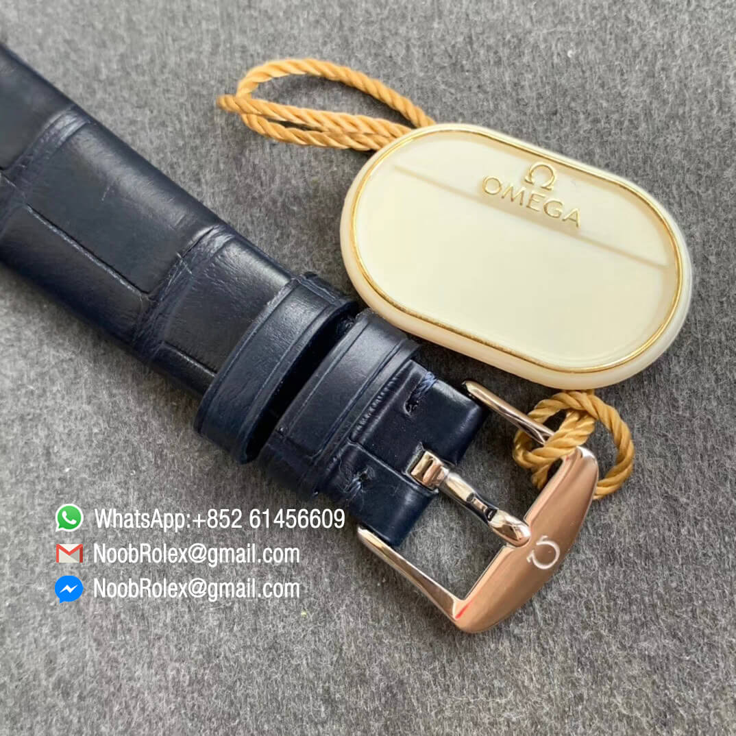 Omega De Vile Tresor Ladies Watch 36mm Stainless Steel Case with Diamonds White Dial Blue Hour Markers Swiss Quartz Movement Blue Croco Strap 06