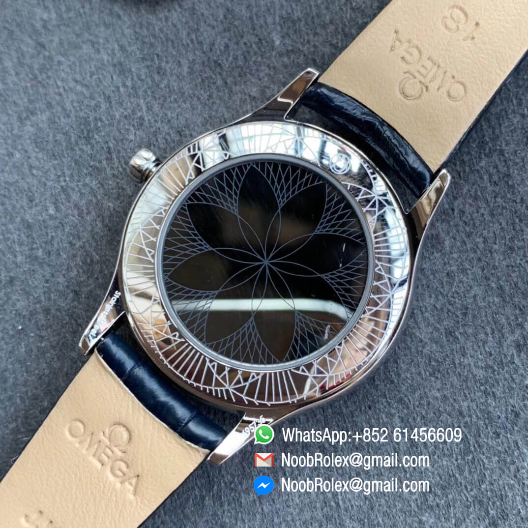 Omega De Vile Tresor Ladies Watch 36mm Stainless Steel Case with Diamonds White Dial Blue Hour Markers Swiss Quartz Movement Blue Croco Strap 08