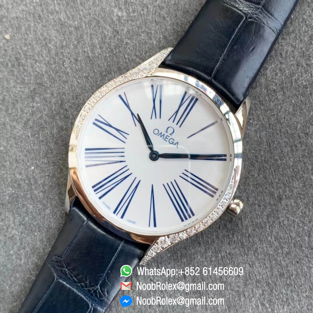 Omega De Vile Tresor Ladies Watch 36mm Stainless Steel Case with Diamonds White Dial Blue Hour Markers Swiss Quartz Movement Blue Croco Strap 09