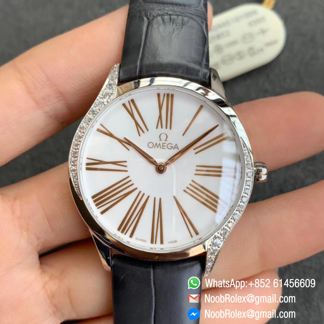 Omega De Vile Tresor Ladies Watch 36mm Steel Case with Diamonds White Dial Rose Gold Markers Swiss Quartz Movement Black Croco Strap 01