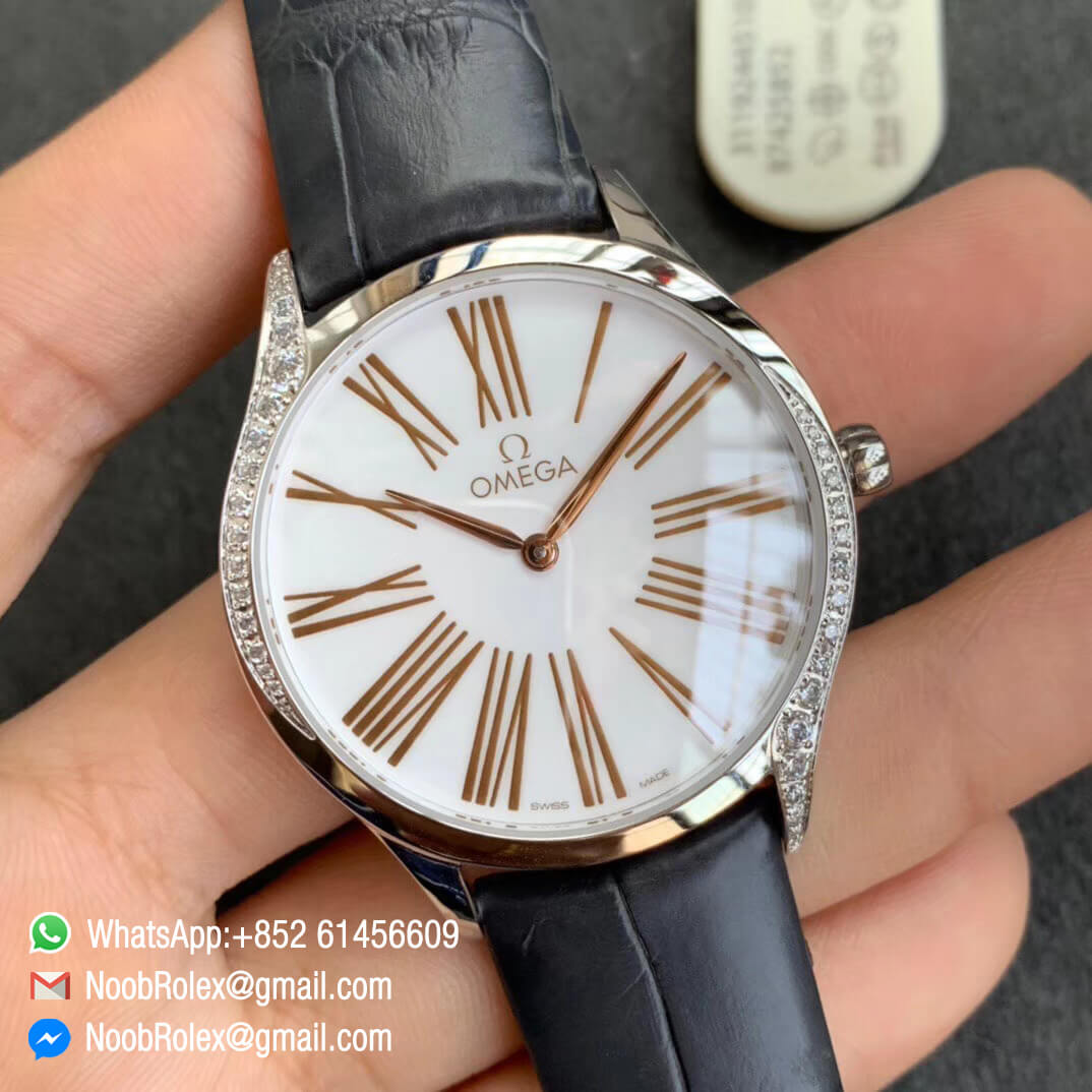 Omega De Vile Tresor Ladies Watch 36mm Steel Case with Diamonds White Dial Rose Gold Markers Swiss Quartz Movement Black Croco Strap 02