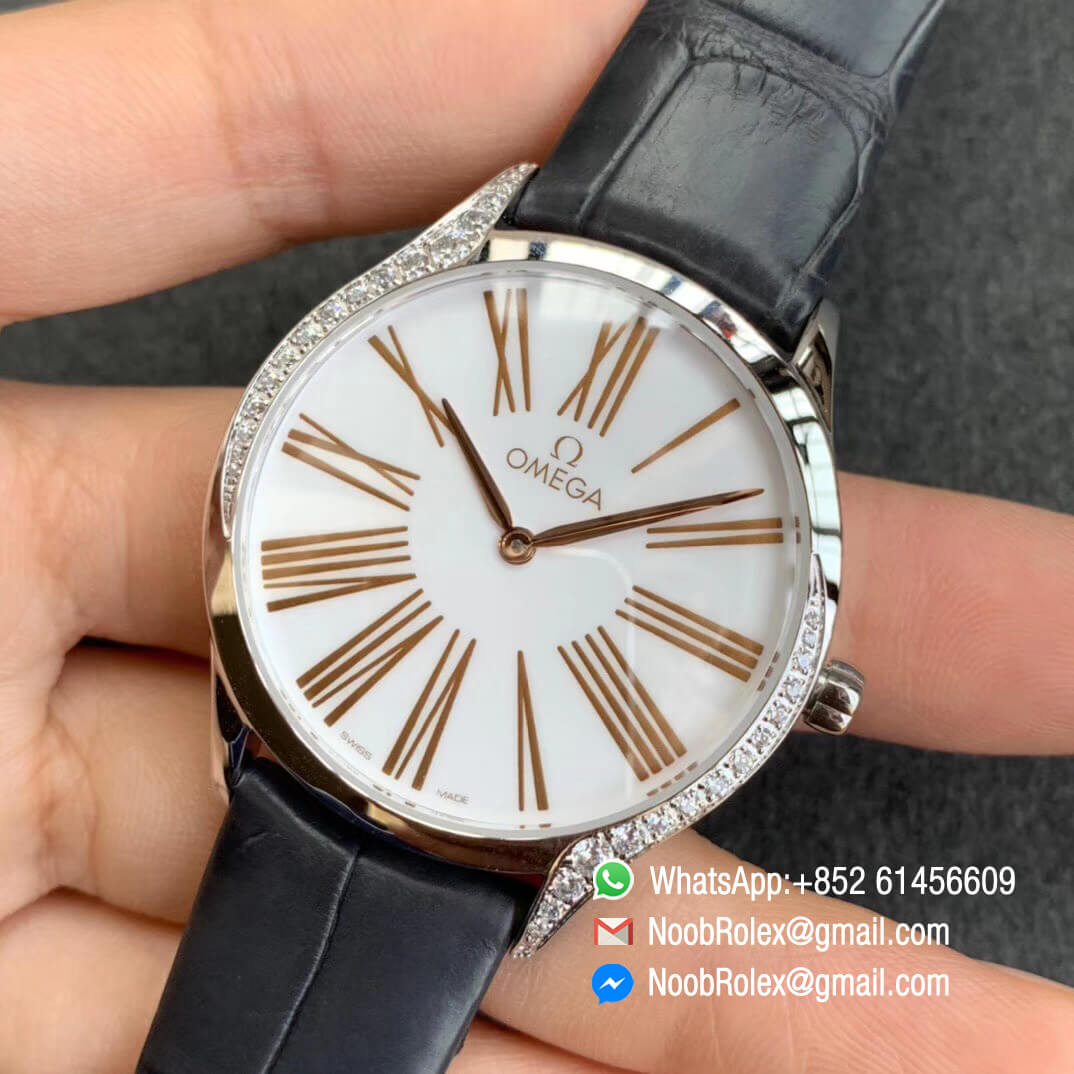 Omega De Vile Tresor Ladies Watch 36mm Steel Case with Diamonds White Dial Rose Gold Markers Swiss Quartz Movement Black Croco Strap 03