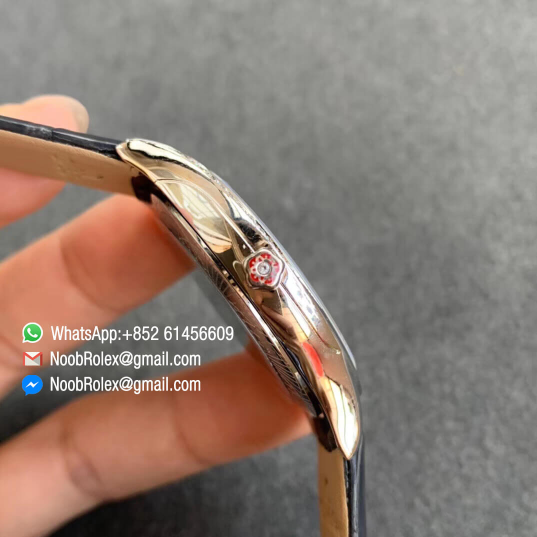 Omega De Vile Tresor Ladies Watch 36mm Steel Case with Diamonds White Dial Rose Gold Markers Swiss Quartz Movement Black Croco Strap 04