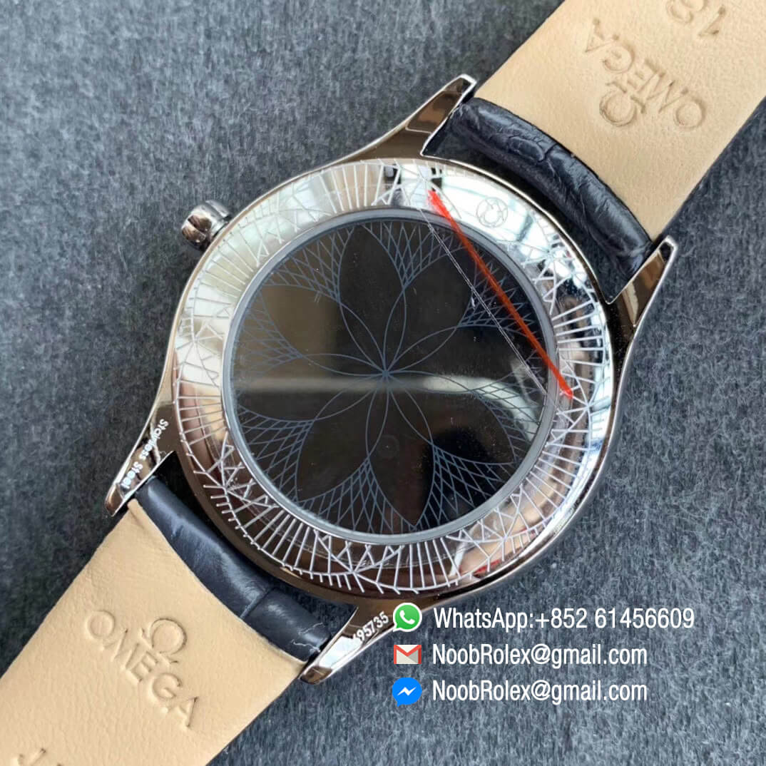 Omega De Vile Tresor Ladies Watch 36mm Steel Case with Diamonds White Dial Rose Gold Markers Swiss Quartz Movement Black Croco Strap 08