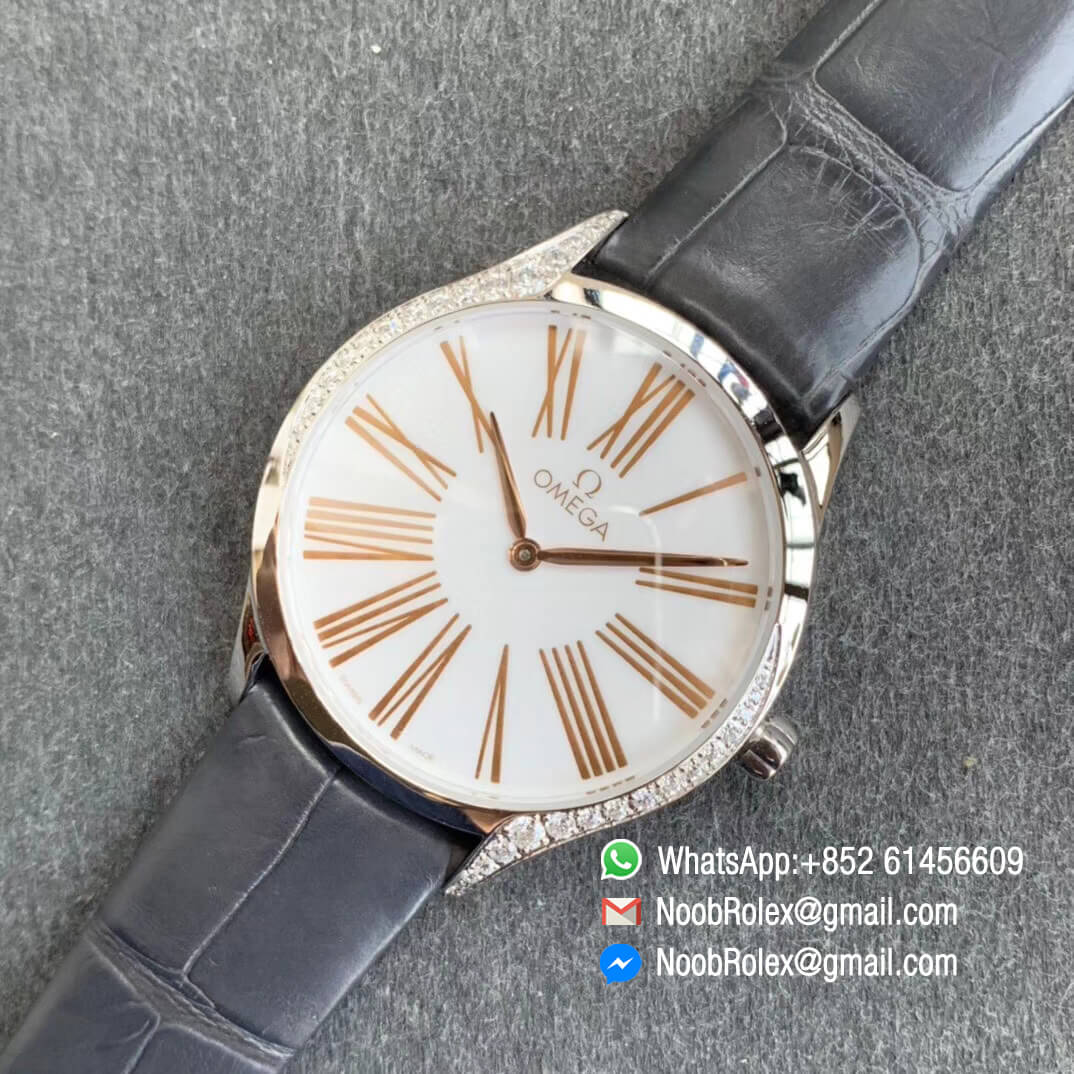 Omega De Vile Tresor Ladies Watch 36mm Steel Case with Diamonds White Dial Rose Gold Markers Swiss Quartz Movement Black Croco Strap 09