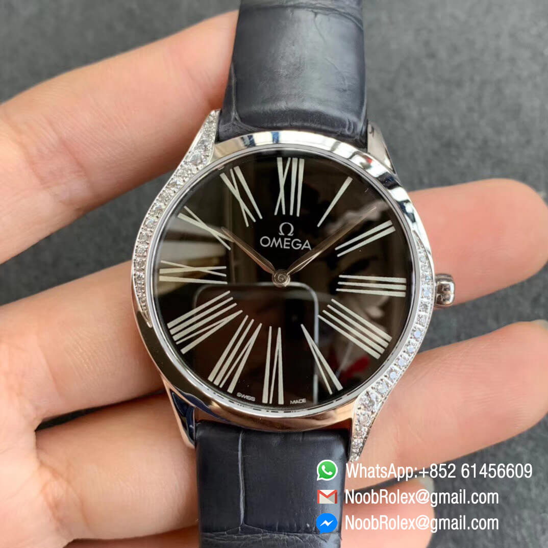 Replica Omega De Vile Tresor Ladies Watch 36mm Steel Case with Diamonds Black Dial Swiss Quartz Movement Black Croco Strap 01