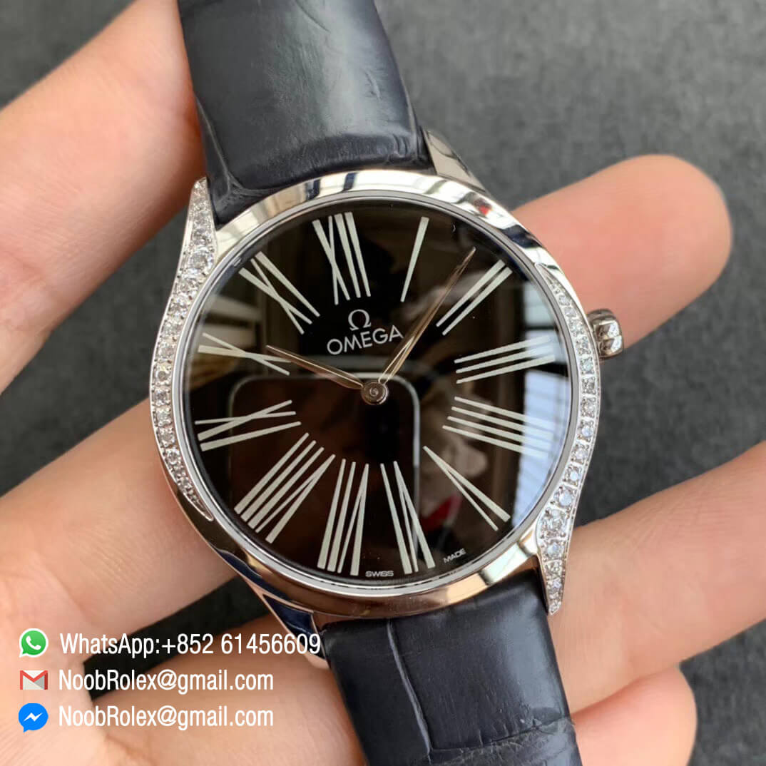 Replica Omega De Vile Tresor Ladies Watch 36mm Steel Case with Diamonds Black Dial Swiss Quartz Movement Black Croco Strap 02