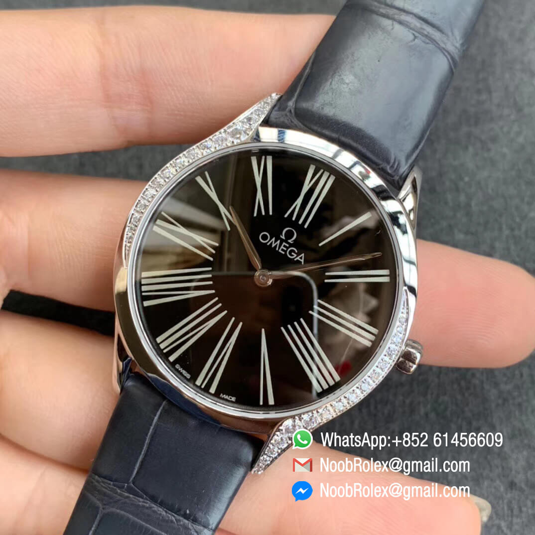 Replica Omega De Vile Tresor Ladies Watch 36mm Steel Case with Diamonds Black Dial Swiss Quartz Movement Black Croco Strap 03