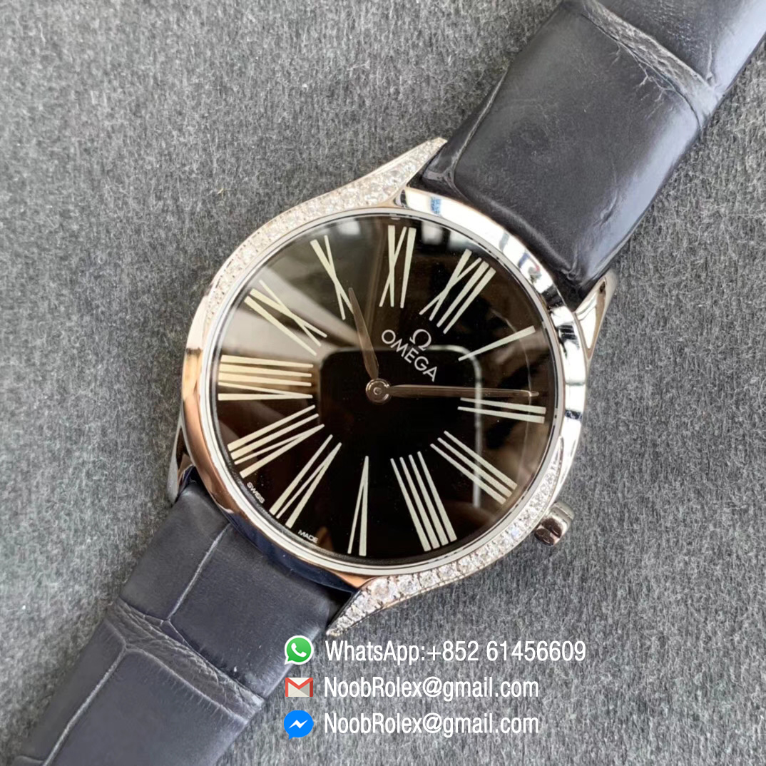 Replica Omega De Vile Tresor Ladies Watch 36mm Steel Case with Diamonds Black Dial Swiss Quartz Movement Black Croco Strap 11