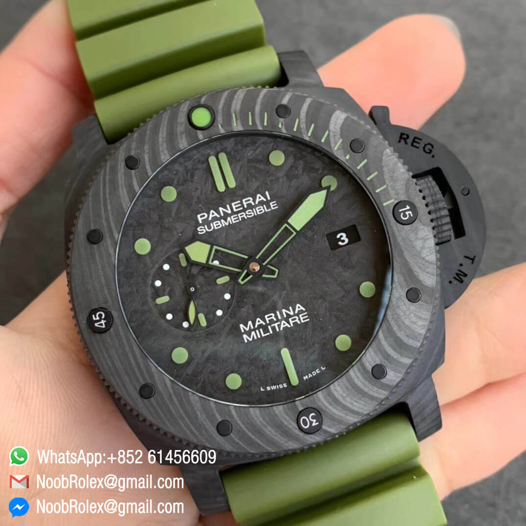 Swiss Watch Replica PAM961 Carbotech Case Carbon Dial on Green Rubber Strap Clone P9010 Movement 02