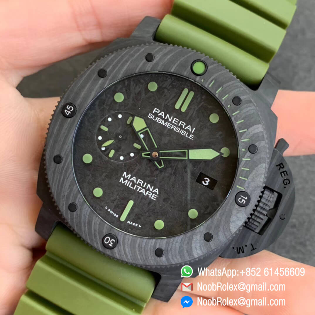 Swiss Watch Replica PAM961 Carbotech Case Carbon Dial on Green Rubber Strap Clone P9010 Movement 03