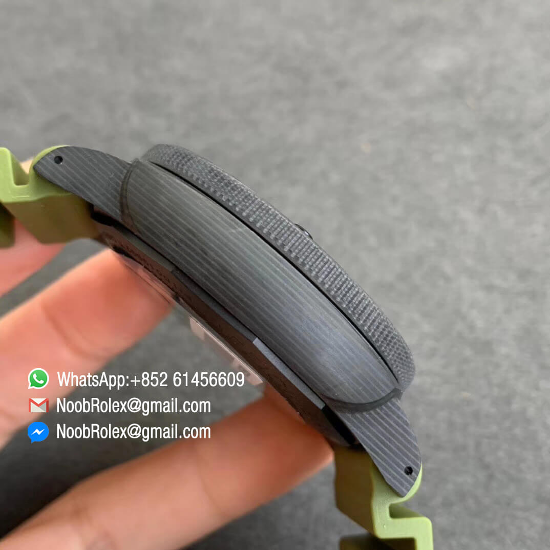 Swiss Watch Replica PAM961 Carbotech Case Carbon Dial on Green Rubber Strap Clone P9010 Movement 05