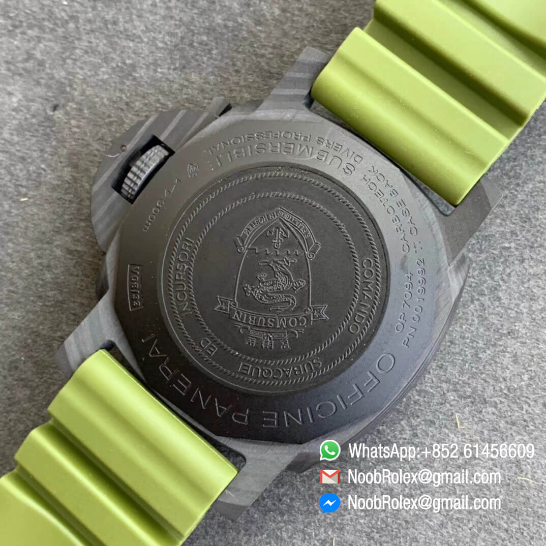 Swiss Watch Replica PAM961 Carbotech Case Carbon Dial on Green Rubber Strap Clone P9010 Movement 08